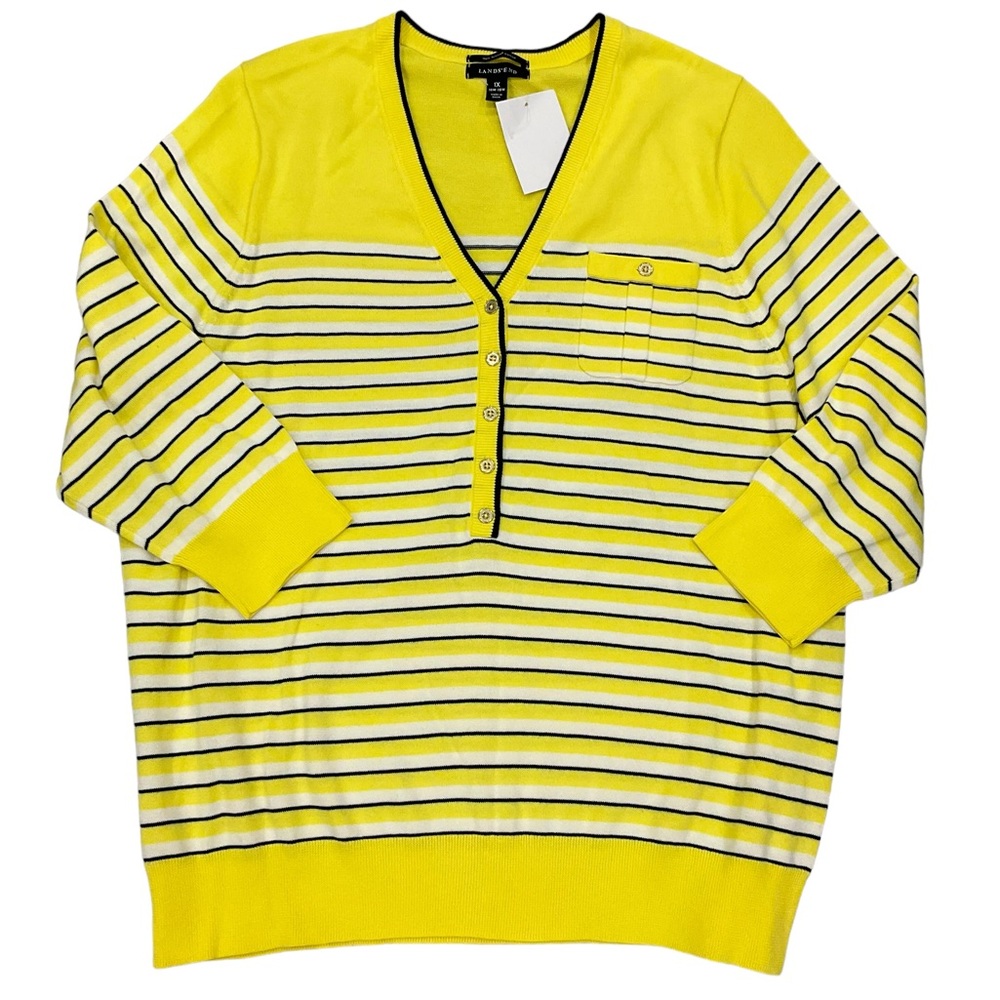 NWOT Lands' End Women’s Striped Sweater 3/4 Sleeve Yellow Navy White Kni…